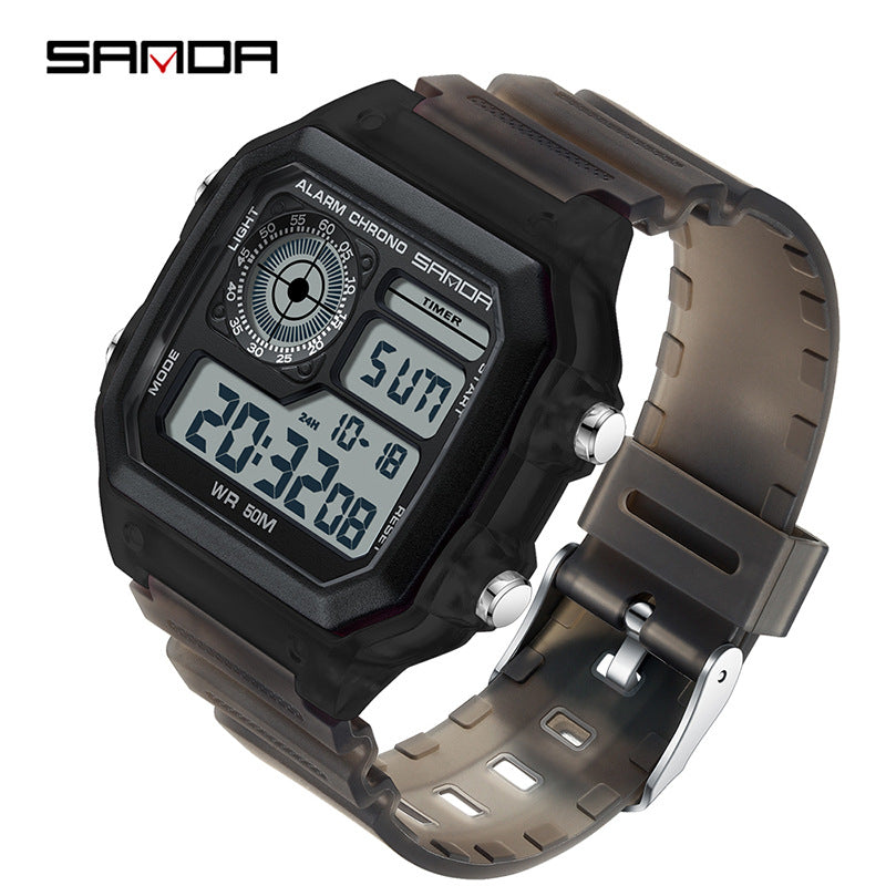 Sanda Hot-selling Square Watch Luminous Waterproof Alarm Student Watch Simple Korean Transparent Sports Electronic Watch