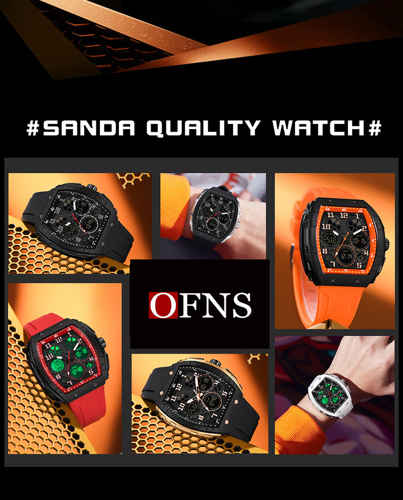 Ofns Fashion Watch Sports Waterproof Watch Barrel-Shaped Multi-Function Luminous Dual-Time Student Digital Watch