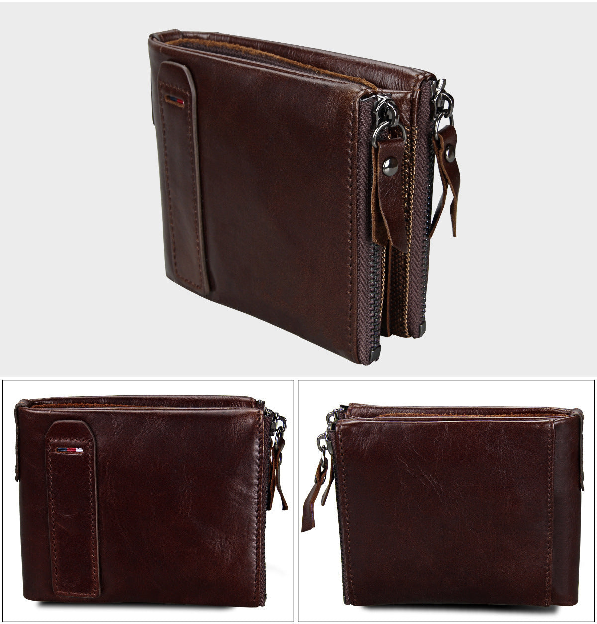 Crazy Horse Cowhide Men's Wallet RFID Anti-theft Brush Cowhide Short Men's Ticket Clip Wallet Double Zipper Coin Purse