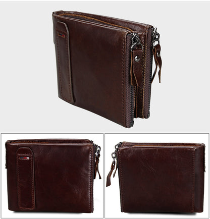 Crazy Horse Cowhide Men's Wallet RFID Anti-theft Brush Cowhide Short Men's Ticket Clip Wallet Double Zipper Coin Purse