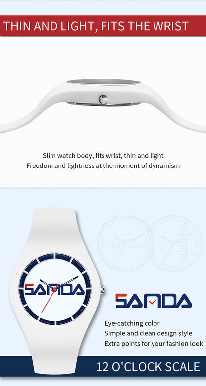 SANDA Outdoor Sports Watch Simple Waterproof Men's and Women's Fashion Quartz Watch Silicone Tape Casual Student Quartz Watch