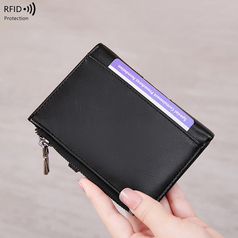 Cross-Border 2025Rfid Anti-Theft Wallet Retro Oil Wax Leather Double Zipper Coin Purse European and American Fashion Short Wallet