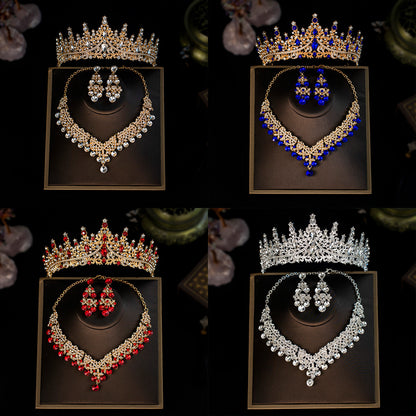 European and American Bride Jewelry Three-piece Suit High-class Dance Wedding Jewelry Alloy Diamond Crown Necklace Earrings suit