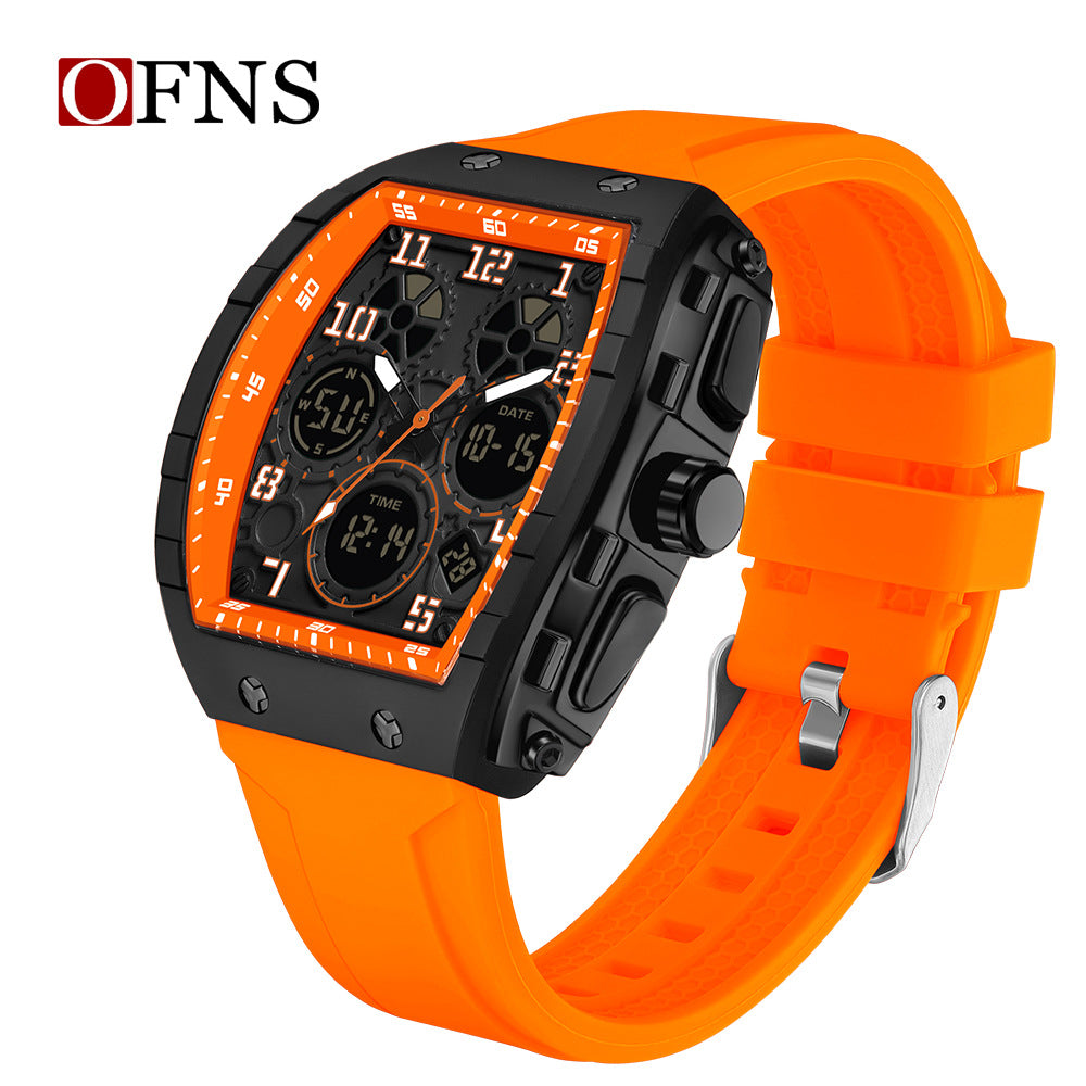 Ofns Fashion Watch Sports Waterproof Watch Barrel-Shaped Multi-Function Luminous Dual-Time Student Digital Watch