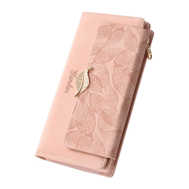 Amazon Cross-border Wallet Wholesale European and American Retro Frosted Leaf Buckle Long Clutch Large Capacity