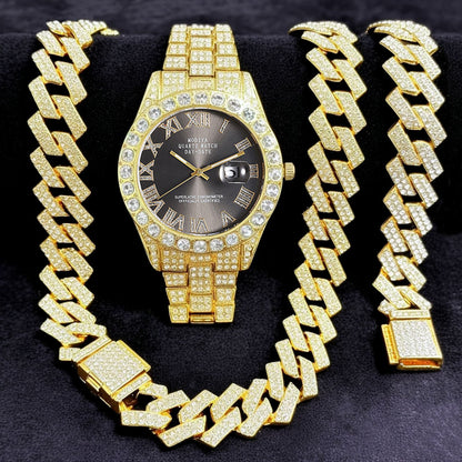 [Bross-Border Hot Item] 16-Piece Set of Various Diamond-Encrusted Watches, Diamond-Shaped Cuban Bracelets and Necklaces, Three-Piece Set
