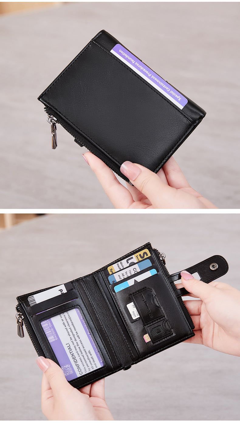 Cross-Border 2025Rfid Anti-Theft Wallet Retro Oil Wax Leather Double Zipper Coin Purse European and American Fashion Short Wallet