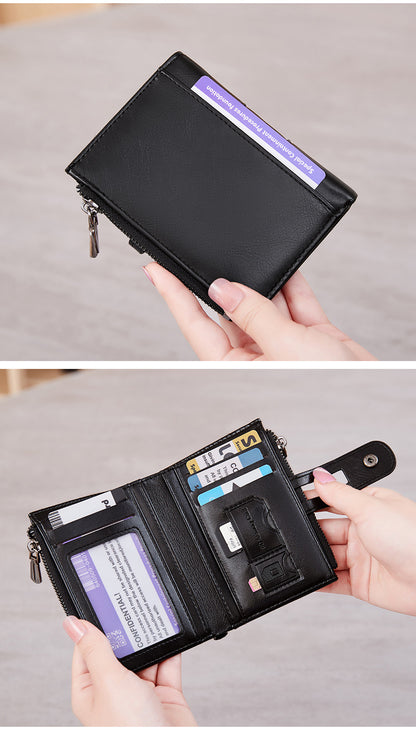 Cross-Border 2025Rfid Anti-Theft Wallet Retro Oil Wax Leather Double Zipper Coin Purse European and American Fashion Short Wallet