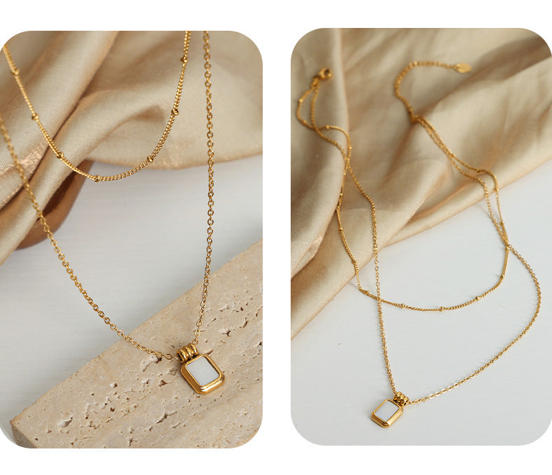 French new cross-border retro fashion all-match light luxury titanium steel plated 18K gold white mother shell pendant necklace female jewelry