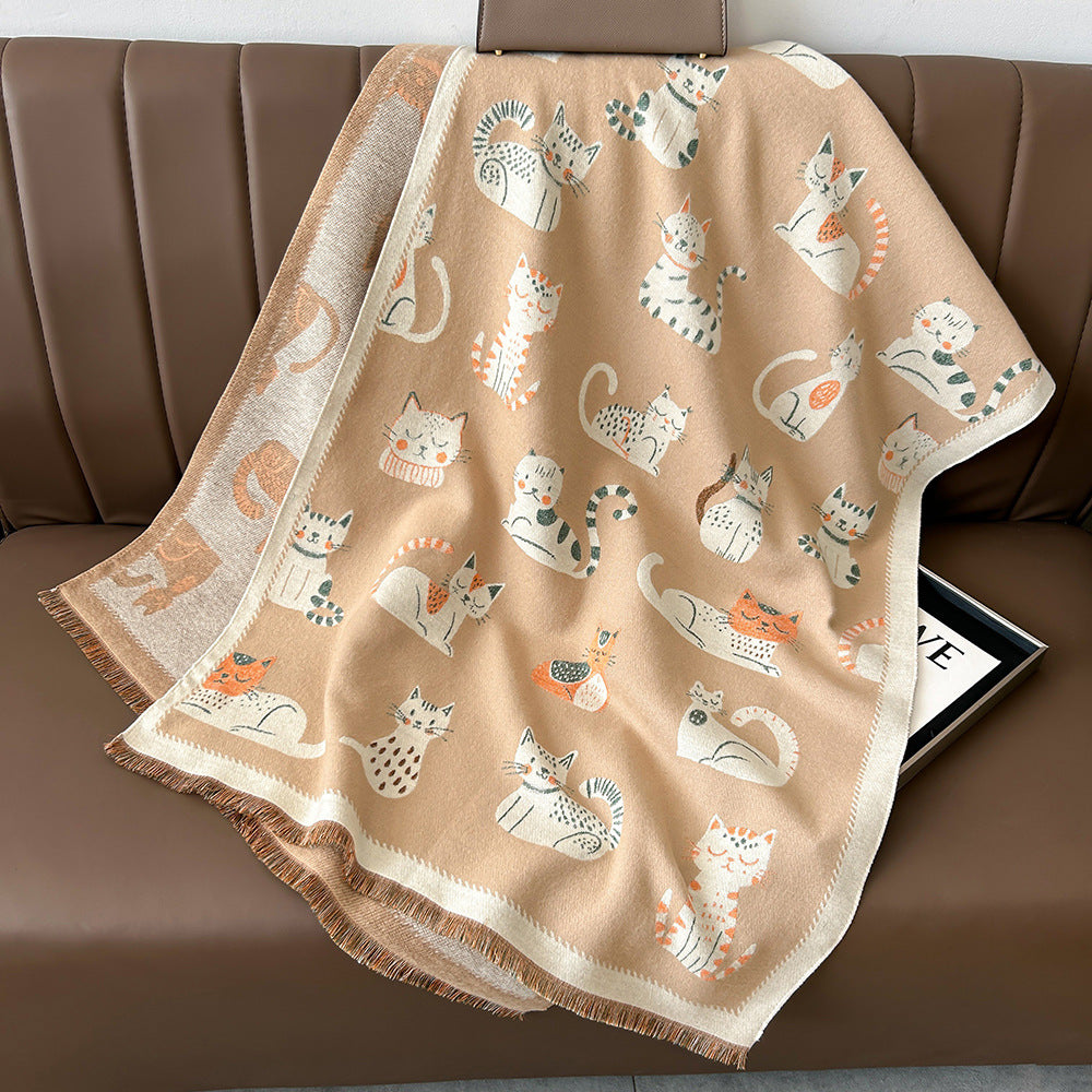 Sweet Cartoon Double-sided Cute Kitten Cashmere Scarf Women's Fashion All-match Thickened Winter Warm Neck Shawl