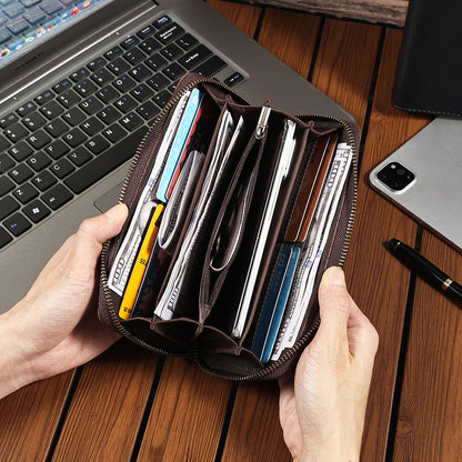 Crazy Horse Leather National Trend Long Wallet Men's Large Capacity Zipper Clutch Genuine Leather Retro Style Men's Wallet Card Holder