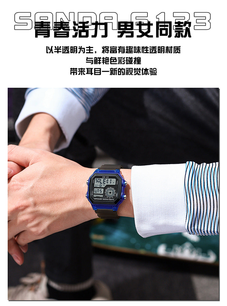 Sanda Hot-selling Square Watch Luminous Waterproof Alarm Student Watch Simple Korean Transparent Sports Electronic Watch