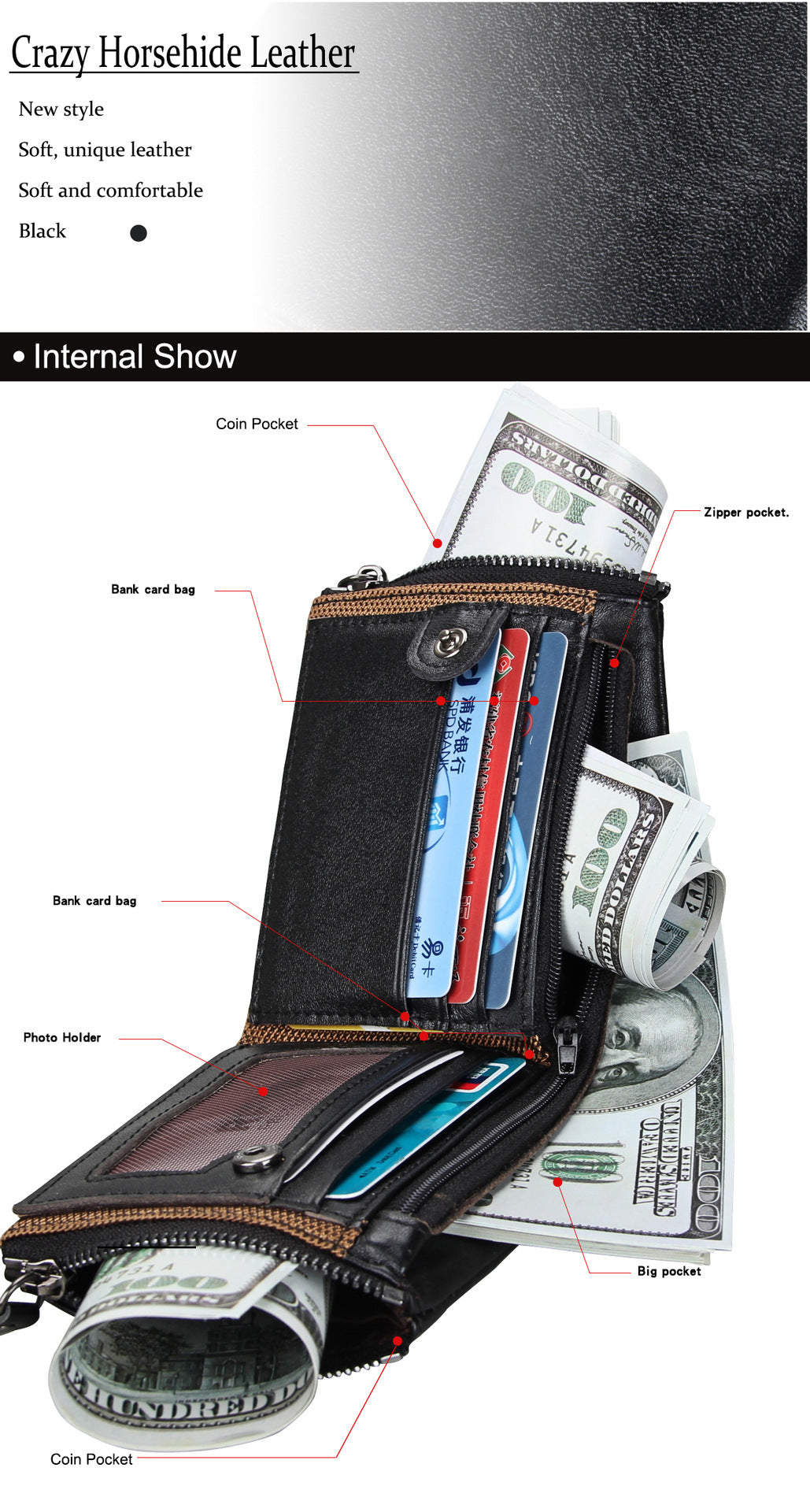 Crazy Horse Cowhide Men's Wallet RFID Anti-theft Brush Cowhide Short Men's Ticket Clip Wallet Double Zipper Coin Purse