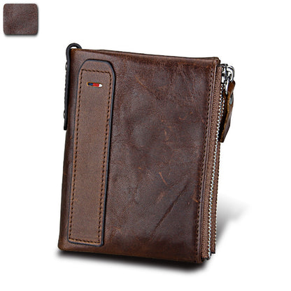 Crazy Horse Cowhide Men's Wallet RFID Anti-theft Brush Cowhide Short Men's Ticket Clip Wallet Double Zipper Coin Purse