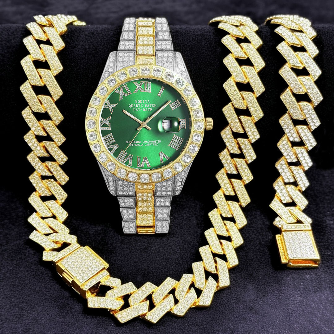 [Bross-Border Hot Item] 16-Piece Set of Various Diamond-Encrusted Watches, Diamond-Shaped Cuban Bracelets and Necklaces, Three-Piece Set