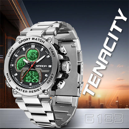 Sanda foreign trade best selling electronic watch fashion business steel band luminous wrist watch multi-functional dual display men's watch wholesale
