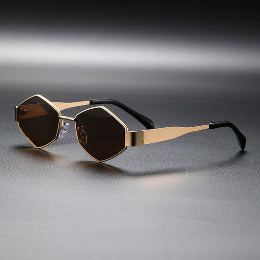 2026 New European and American Fashion Polygonal Rhombus Metal Sunglasses for Women, Trendy and Unique Wide Temple Sunglasses