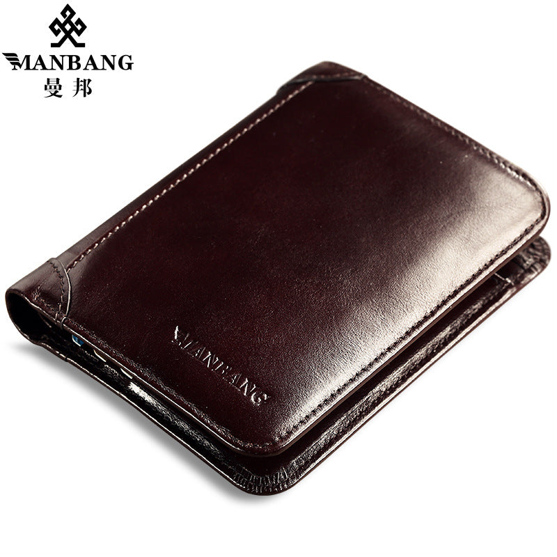 Cross-border delivery Manbang wallet oily leather short first layer cowhide wallet classic tri-fold RIFD anti-theft wallet