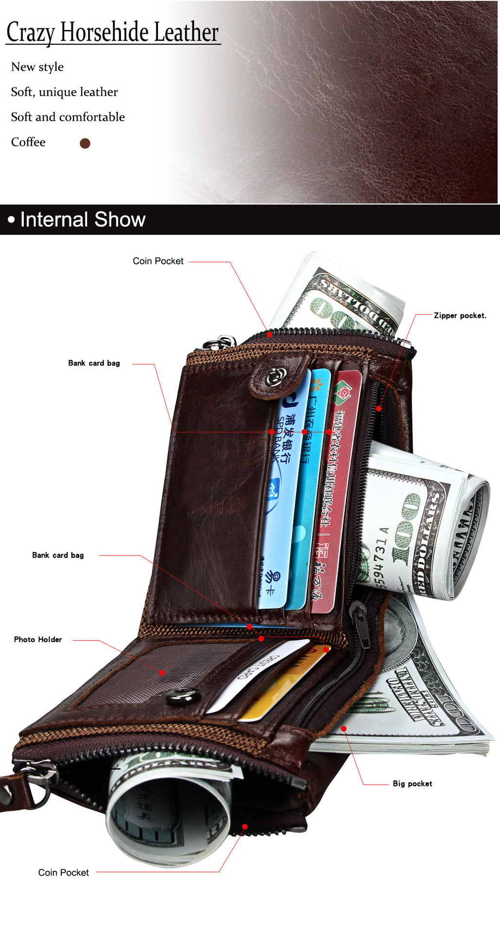 Crazy Horse Cowhide Men's Wallet RFID Anti-theft Brush Cowhide Short Men's Ticket Clip Wallet Double Zipper Coin Purse