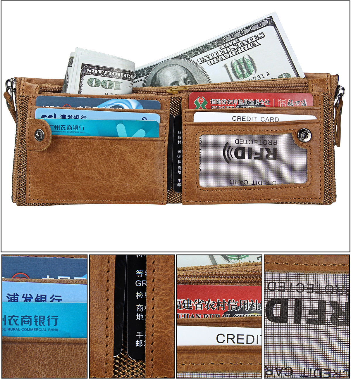 Crazy Horse Cowhide Men's Wallet RFID Anti-theft Brush Cowhide Short Men's Ticket Clip Wallet Double Zipper Coin Purse