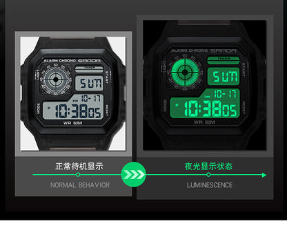 Sanda Hot-selling Square Watch Luminous Waterproof Alarm Student Watch Simple Korean Transparent Sports Electronic Watch