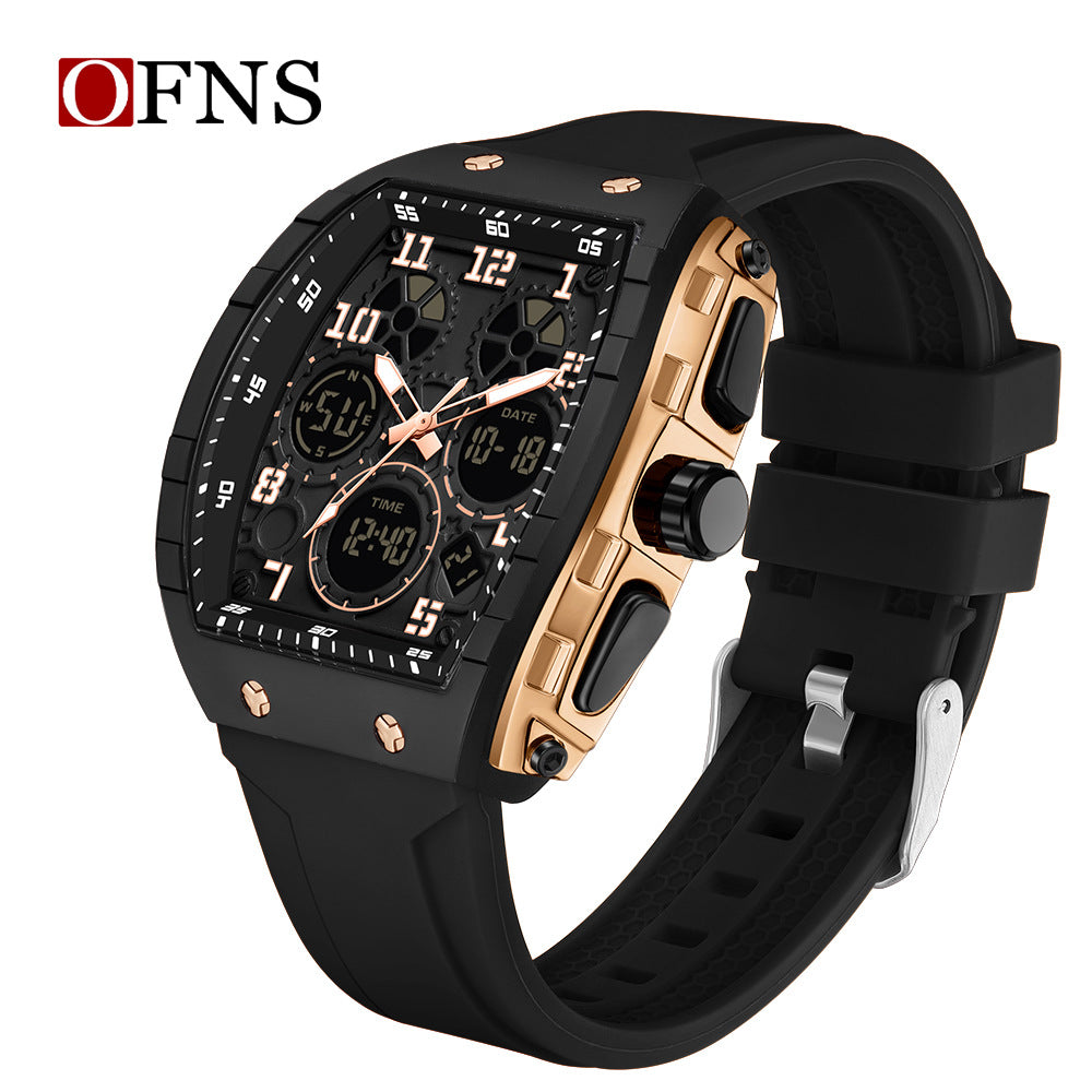 Ofns Fashion Watch Sports Waterproof Watch Barrel-Shaped Multi-Function Luminous Dual-Time Student Digital Watch