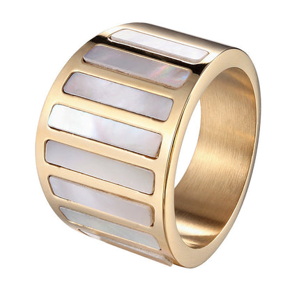 French Retro White Mother-Of-Pearl Striped Ring Titanium Steel Electroplated 18K High-End Ring for Women Niche Light Luxury Style Accessory
