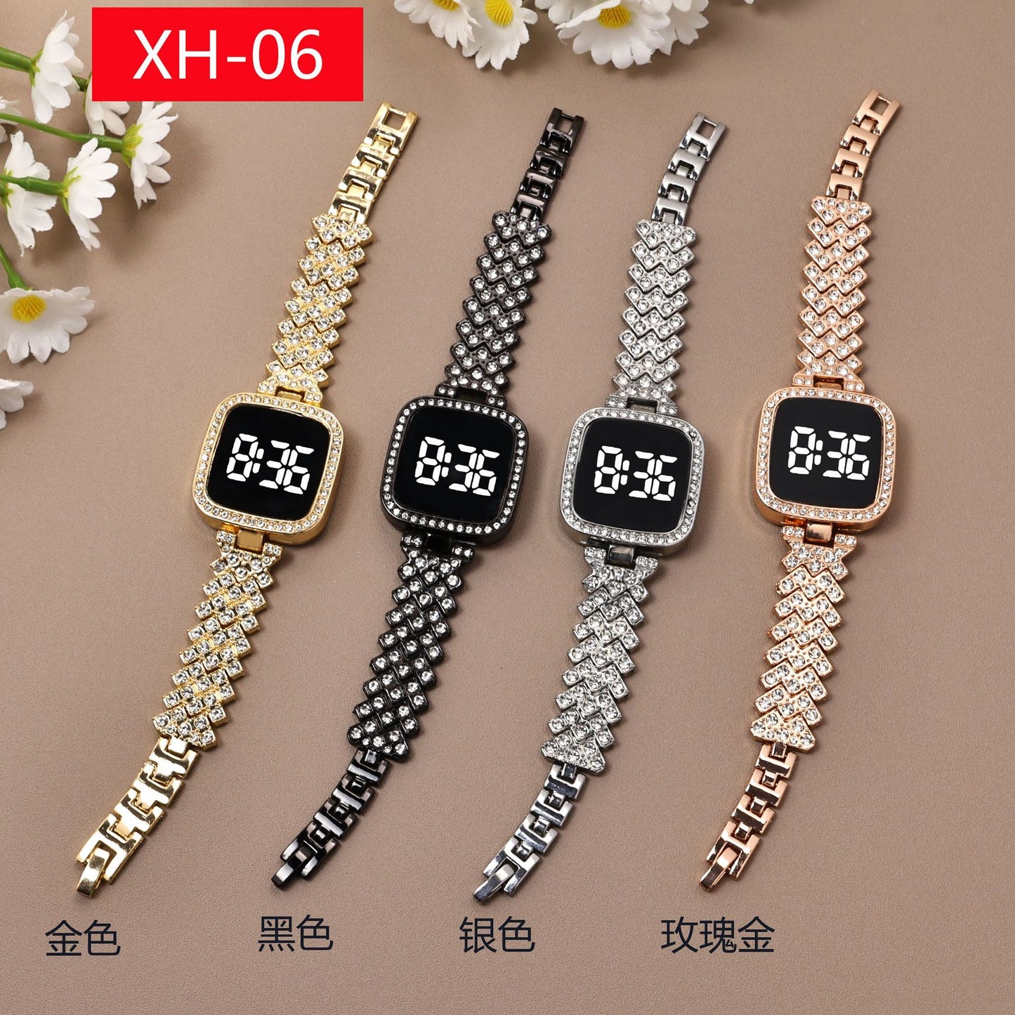 Cross-border Foreign Trade Diamond-encrusted Women's Small Fragrant Style Metal Steel Band LED Watch Fashion Touch Casual Electronic Watch