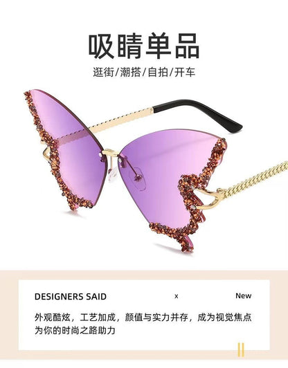 Cross-border New Butterfly Shape Diamond Rimless Sunglasses Women's Fashion Personality Exaggerated Sunglasses European and American Internet Red Broken Diamond
