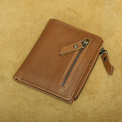 Shikangxin Vintage Genuine Leather Wallet Men's Short Wallet Multifunctional Zipper Bag Casual Oil Wax Cowhide Wallet