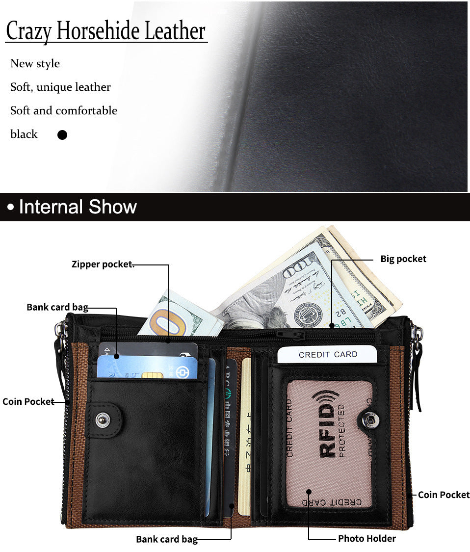Crazy Horse Cowhide Men's Wallet RFID Anti-theft Brush Cowhide Short Men's Ticket Clip Wallet Double Zipper Coin Purse