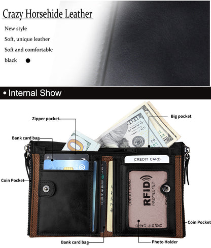 Crazy Horse Cowhide Men's Wallet RFID Anti-theft Brush Cowhide Short Men's Ticket Clip Wallet Double Zipper Coin Purse