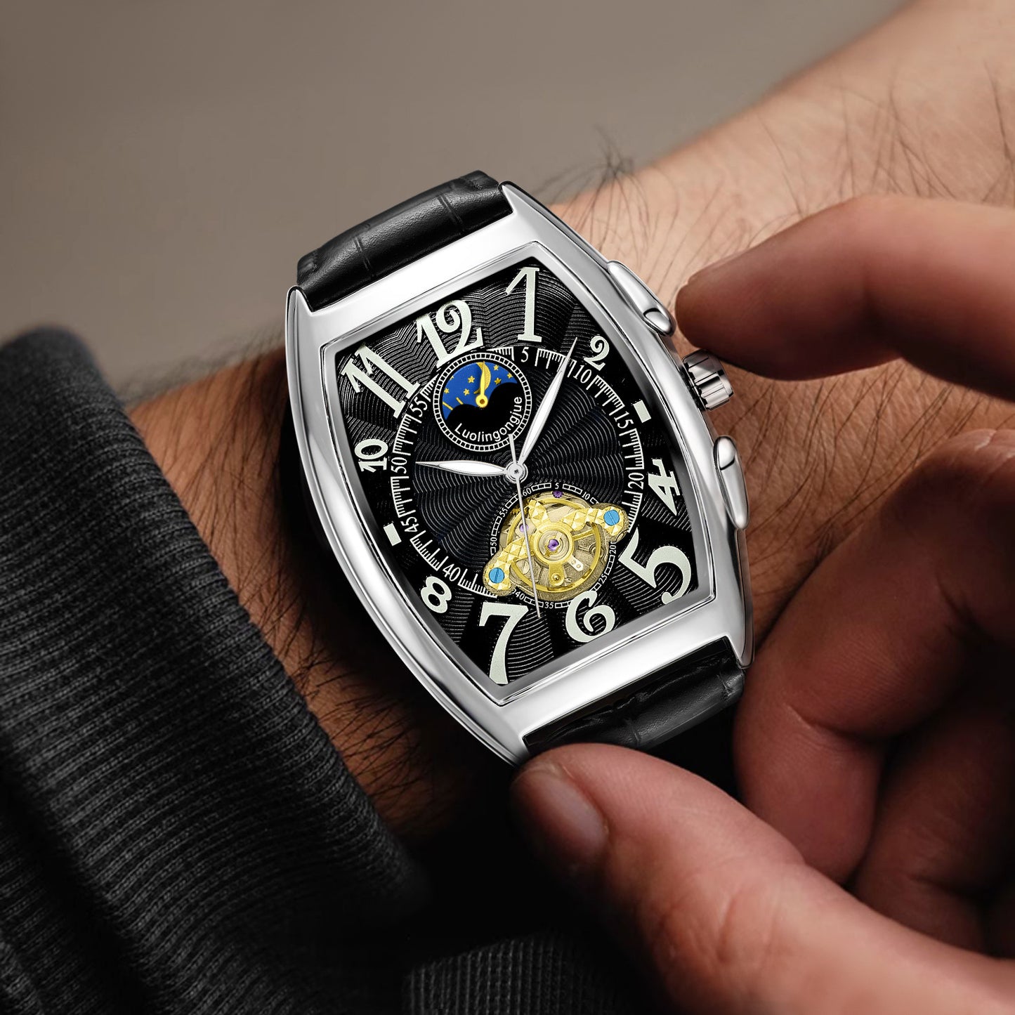 Barrel Type Fully Automatic Wheel Hollow Mechanical Watch Men's Business Simple Fashion Multifunctional Watch Wholesale
