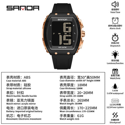 Sanda Elderly Voice Time Watch Large Digital Screen Luminous Multi-Function Watch Waterproof Calendar Digital Watch