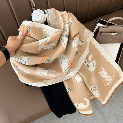 Sweet Cartoon Double-sided Cute Kitten Cashmere Scarf Women's Fashion All-match Thickened Winter Warm Neck Shawl