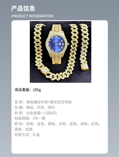 [Bross-Border Hot Item] 16-Piece Set of Various Diamond-Encrusted Watches, Diamond-Shaped Cuban Bracelets and Necklaces, Three-Piece Set