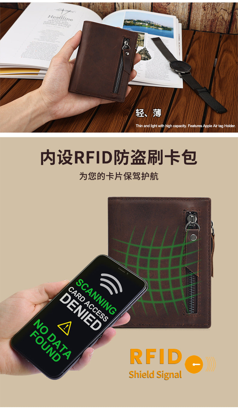 Genuine Leather Classic Retro Short Wallet Men's Bag with Tracker Leather Case Multifunctional Crazy Horse Leather Business Wallet Men