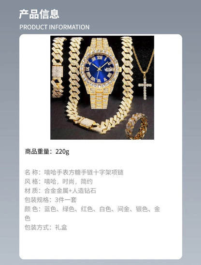 Hiphop Hip Hop Diamond Watch Five-Piece Diamond Cuban Chain Cross Necklace Cuban Ring Cross Border Wholesale
