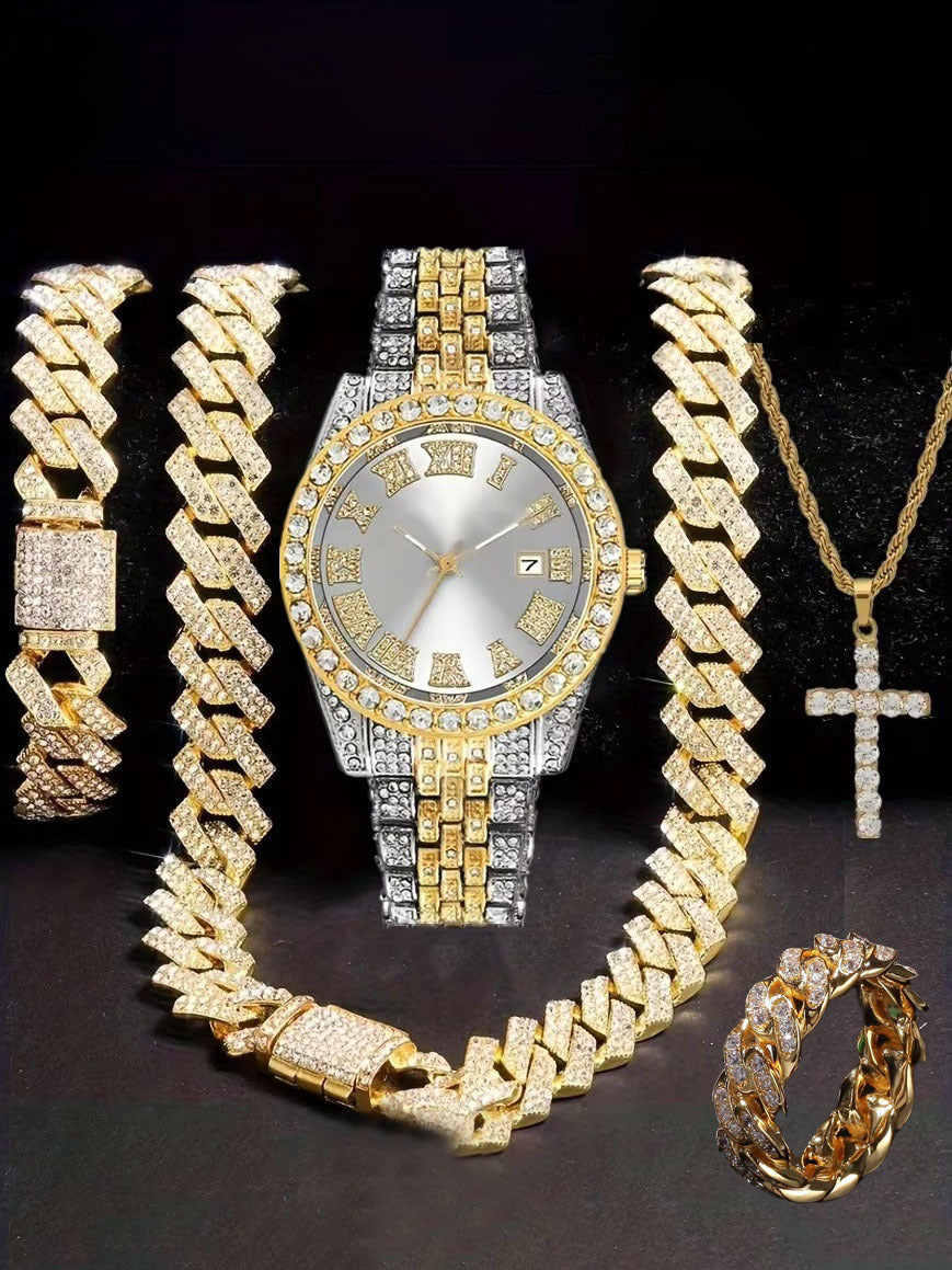 Hiphop Hip Hop Diamond Watch Five-Piece Diamond Cuban Chain Cross Necklace Cuban Ring Cross Border Wholesale