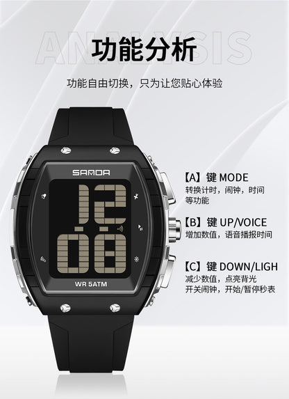 Sanda Elderly Voice Time Watch Large Digital Screen Luminous Multi-Function Watch Waterproof Calendar Digital Watch