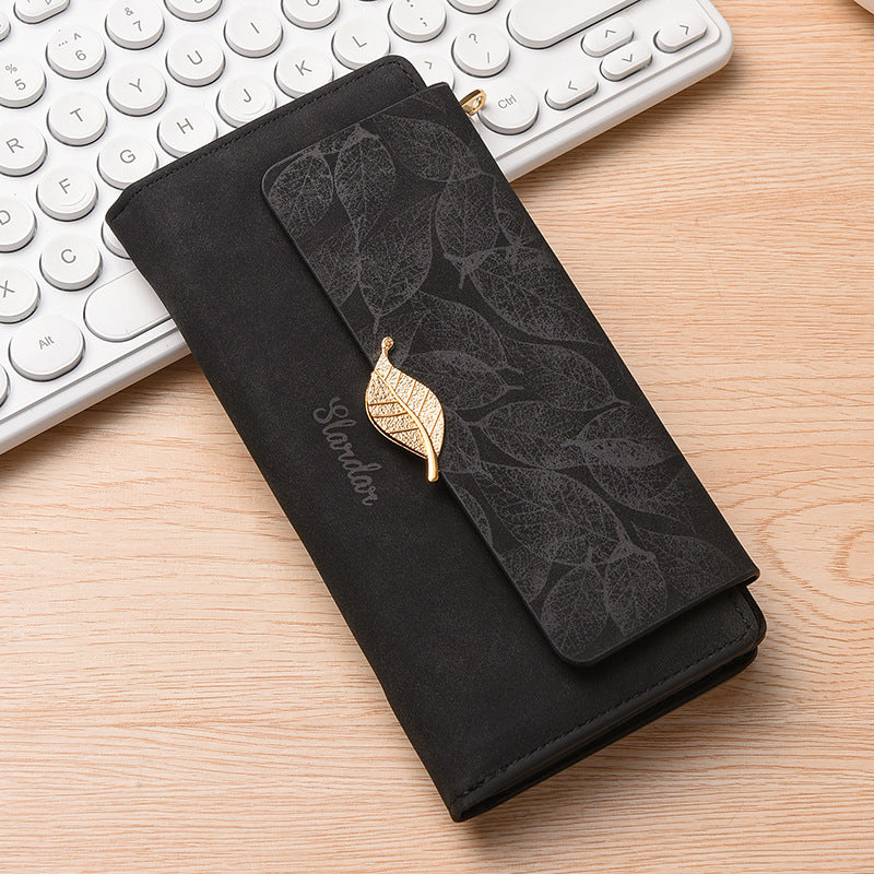 Amazon Cross-border Wallet Wholesale European and American Retro Frosted Leaf Buckle Long Clutch Large Capacity