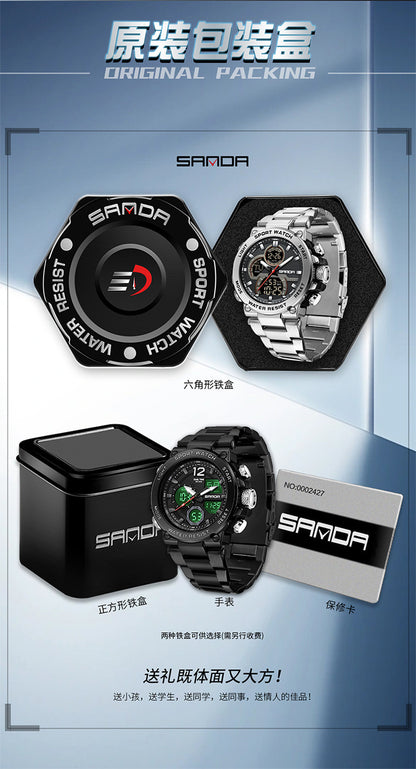 Sanda foreign trade best selling electronic watch fashion business steel band luminous wrist watch multi-functional dual display men's watch wholesale
