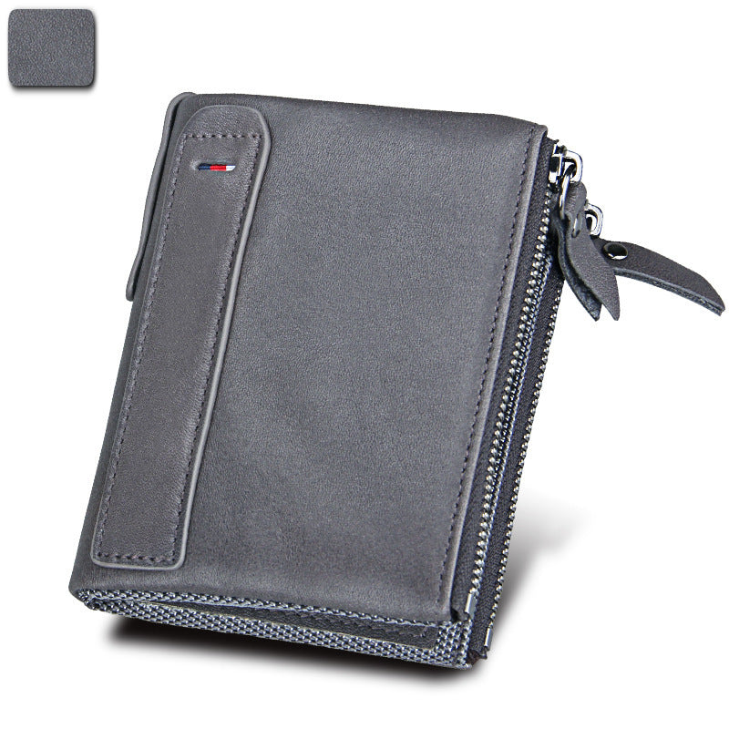 Crazy Horse Cowhide Men's Wallet RFID Anti-theft Brush Cowhide Short Men's Ticket Clip Wallet Double Zipper Coin Purse