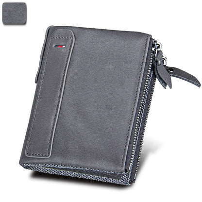Crazy Horse Cowhide Men's Wallet RFID Anti-theft Brush Cowhide Short Men's Ticket Clip Wallet Double Zipper Coin Purse