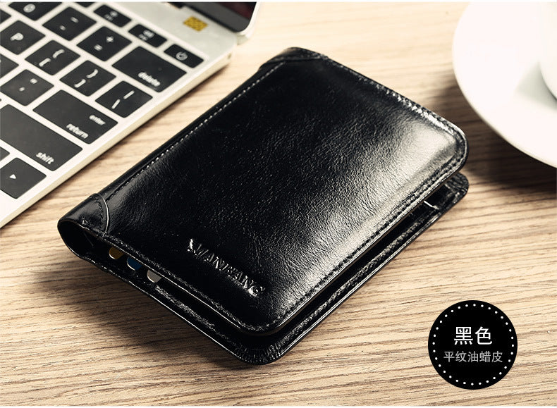 Cross-border delivery Manbang wallet oily leather short first layer cowhide wallet classic tri-fold RIFD anti-theft wallet
