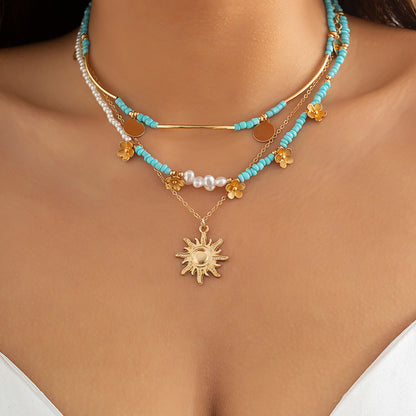 All-match Rice Bead Sequins Tassel Sunflower Pendant Retro Clavicle Necklace European and American Hip Hop Imitation Pearl Niche Necklace