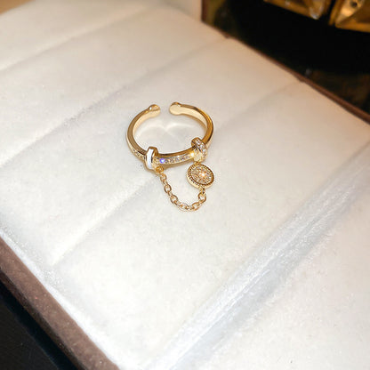 Zircon Diamond Round Chain Tassel Real Gold-plated Ring Niche Light Luxury High-end All-match Open Finger Ring