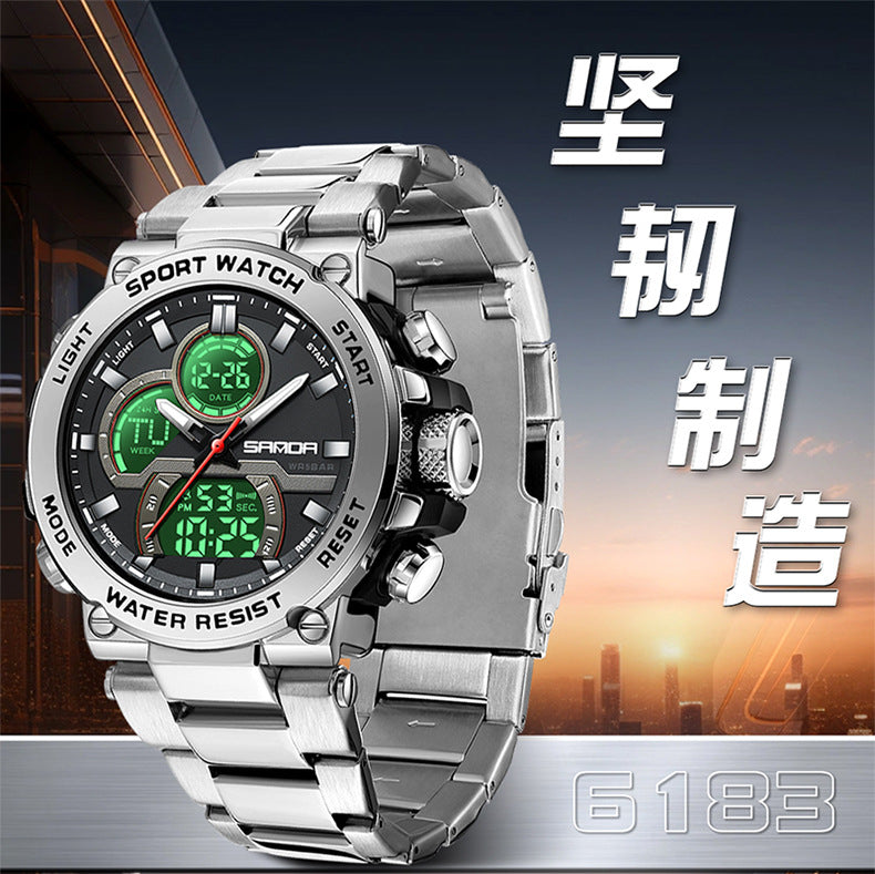 Sanda foreign trade best selling electronic watch fashion business steel band luminous wrist watch multi-functional dual display men's watch wholesale