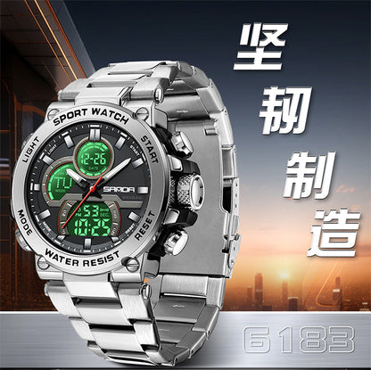 Sanda foreign trade best selling electronic watch fashion business steel band luminous wrist watch multi-functional dual display men's watch wholesale