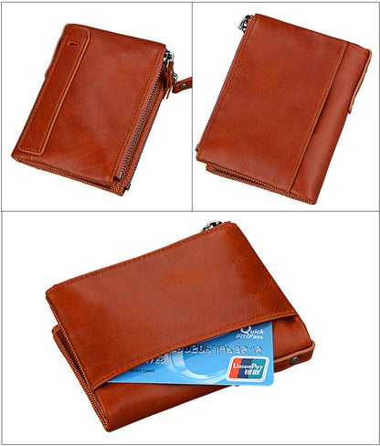Crazy Horse Cowhide Men's Wallet RFID Anti-theft Brush Cowhide Short Men's Ticket Clip Wallet Double Zipper Coin Purse